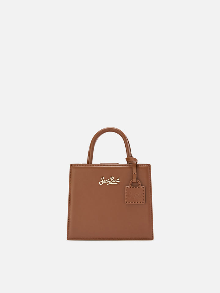 Borsa Mini Shop marrone in pelle con scritta logo