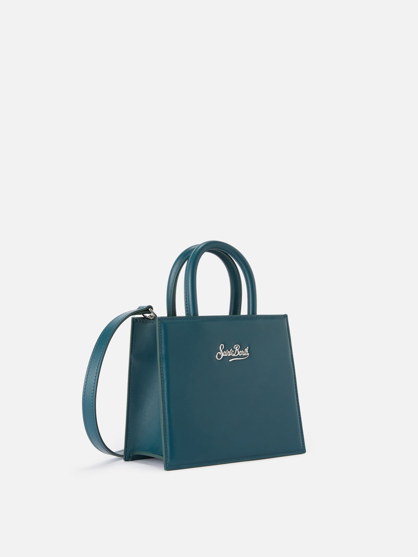 Structured Shop mini bag in teal green smooth leather with metal tag