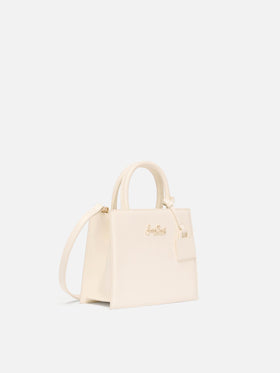 Structured Shop mini bag in white smooth leather with metal tag