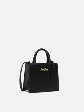Structured Shop mini bag in black smooth leather with metal tag