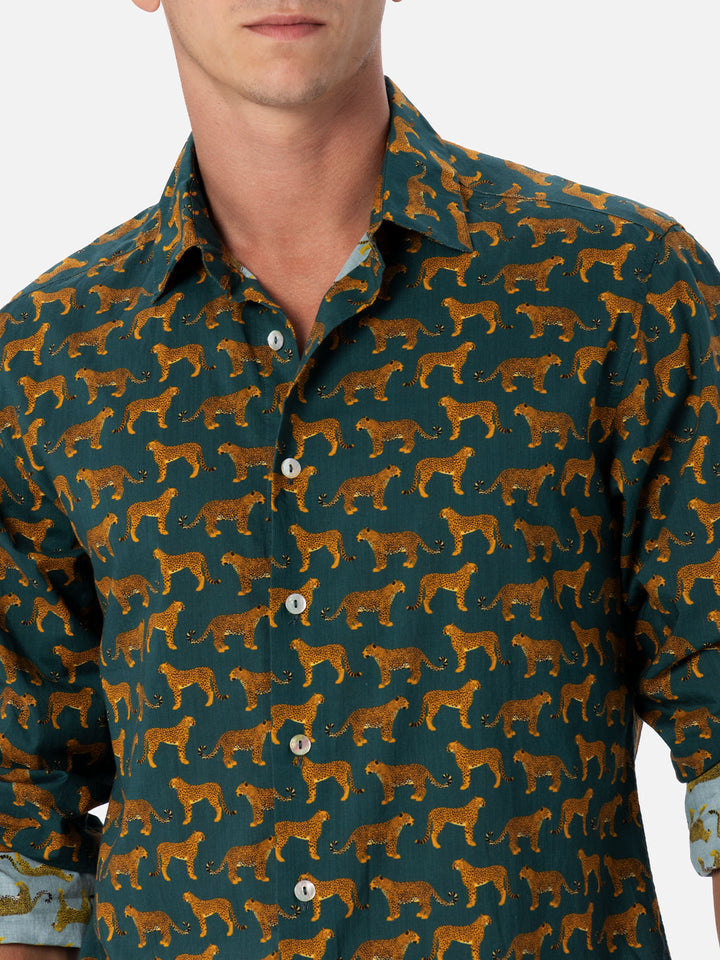 Man muslin cotton shirt Sikelia with cheeta print