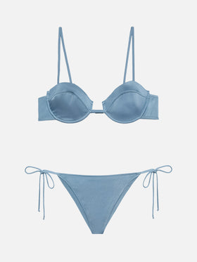 Salina bralette con ferretto avio - Marielle slip mare classico in shimmer avio blue