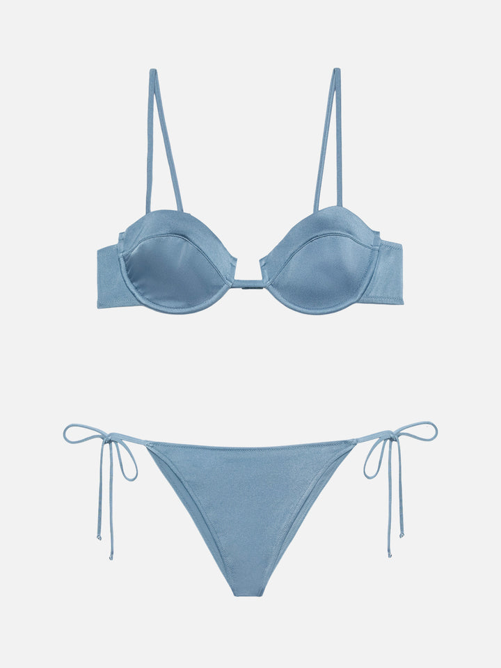 Klassische Badehose Marielle in schimmerndem Avioblau – Bügel-Bralette Salina in Avioblau