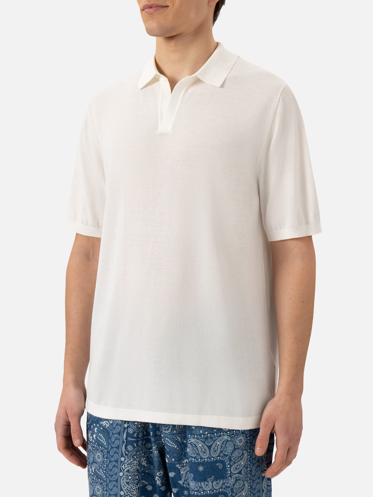 Sloan white buttonless knitted polo shirt