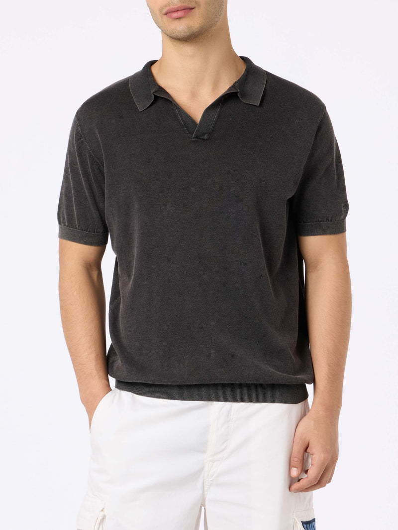 Man black knit polo shirt Sloan with vintage treatment effect