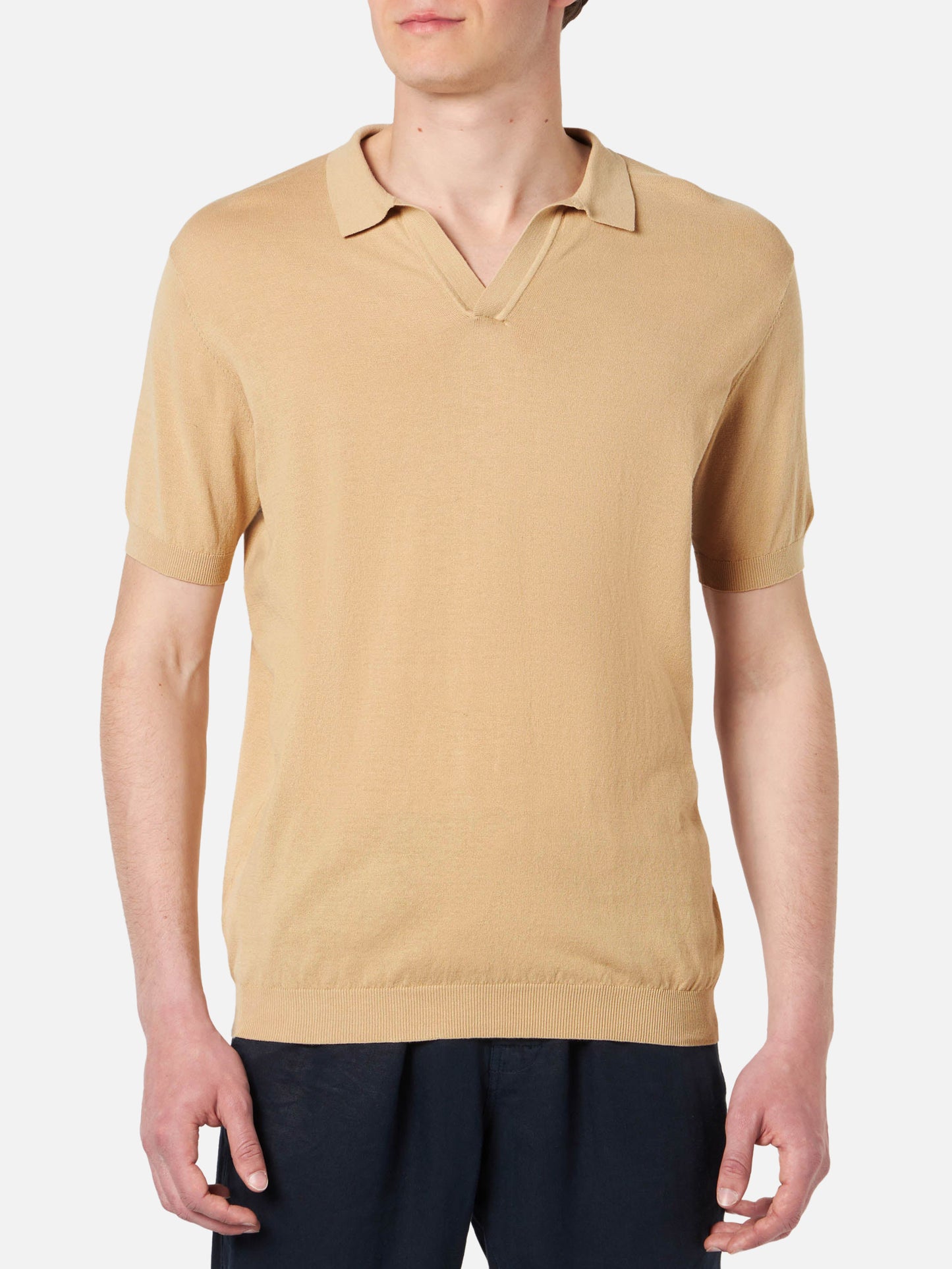 Sloan beige knitted buttonless polo shirt