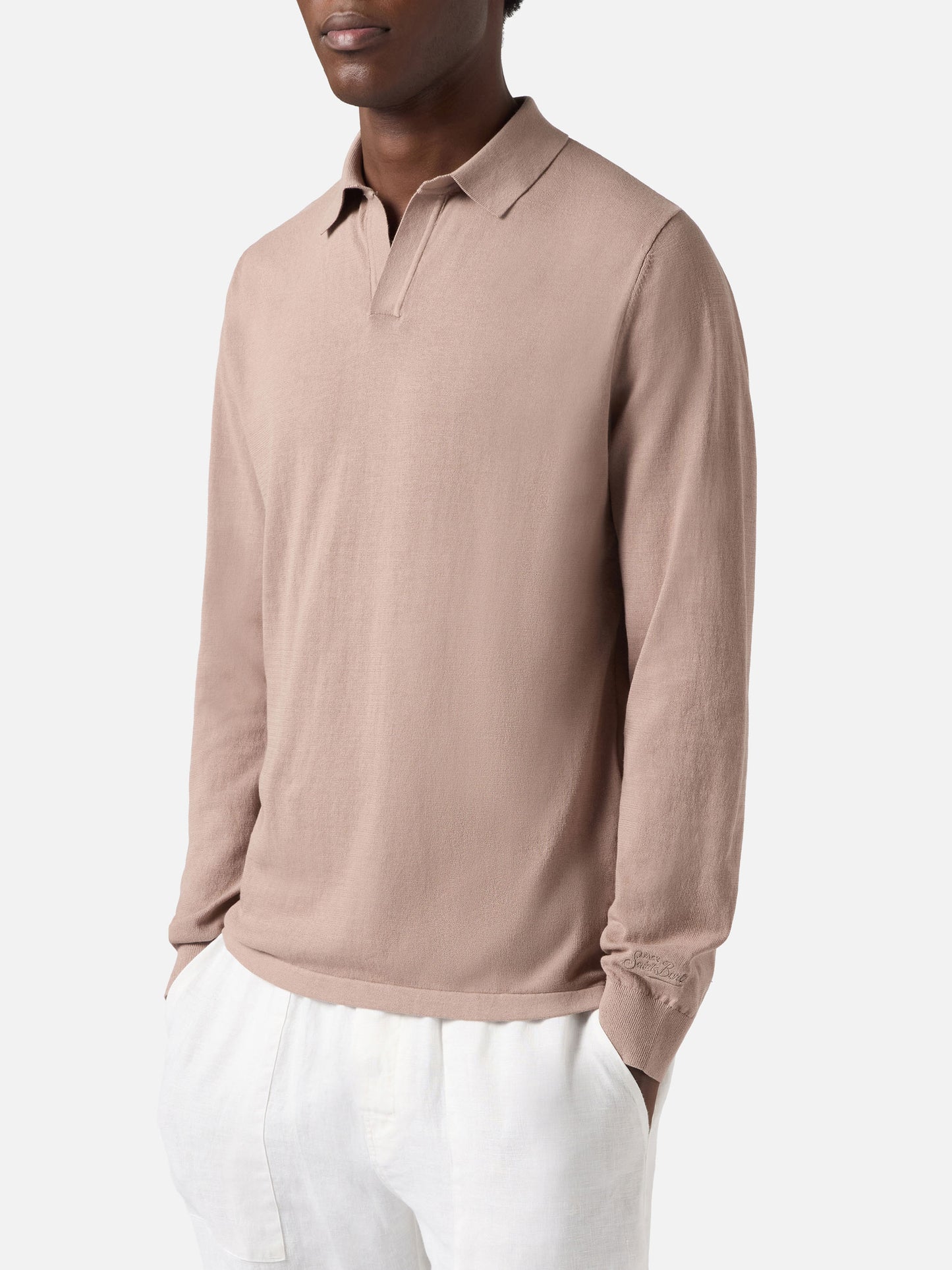 Sloan long-sleeve solid taupe polo in premium high-twist cotton