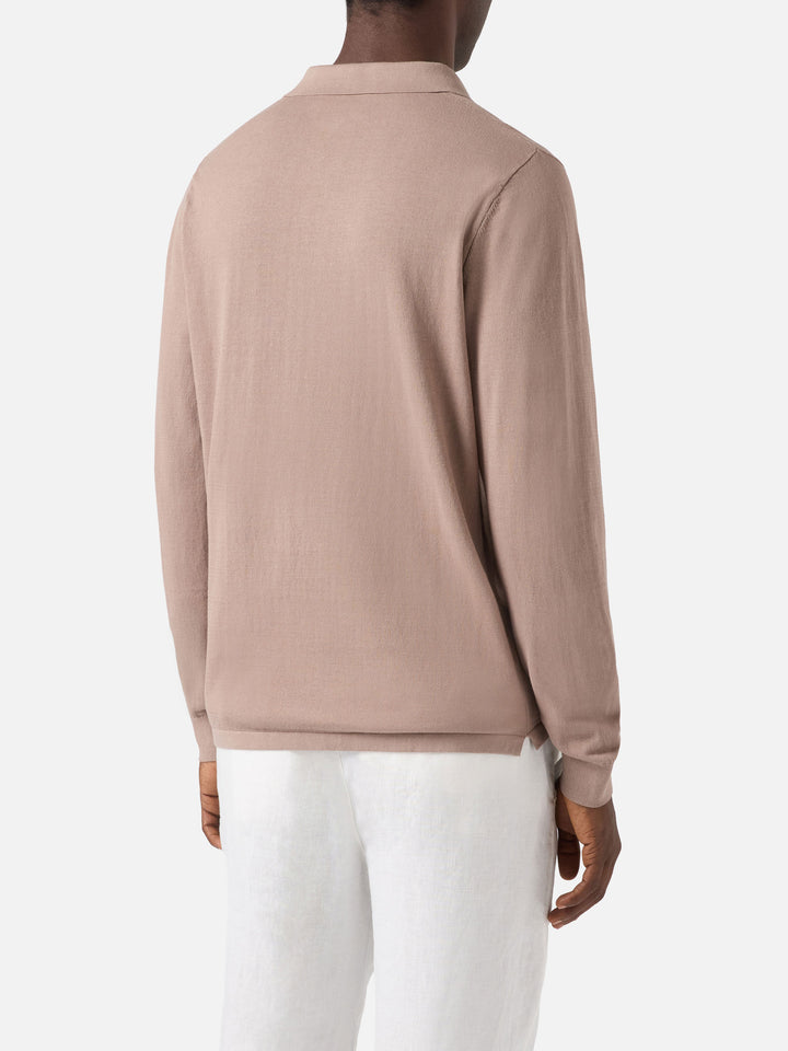 Sloan long-sleeve solid taupe polo in premium high-twist cotton