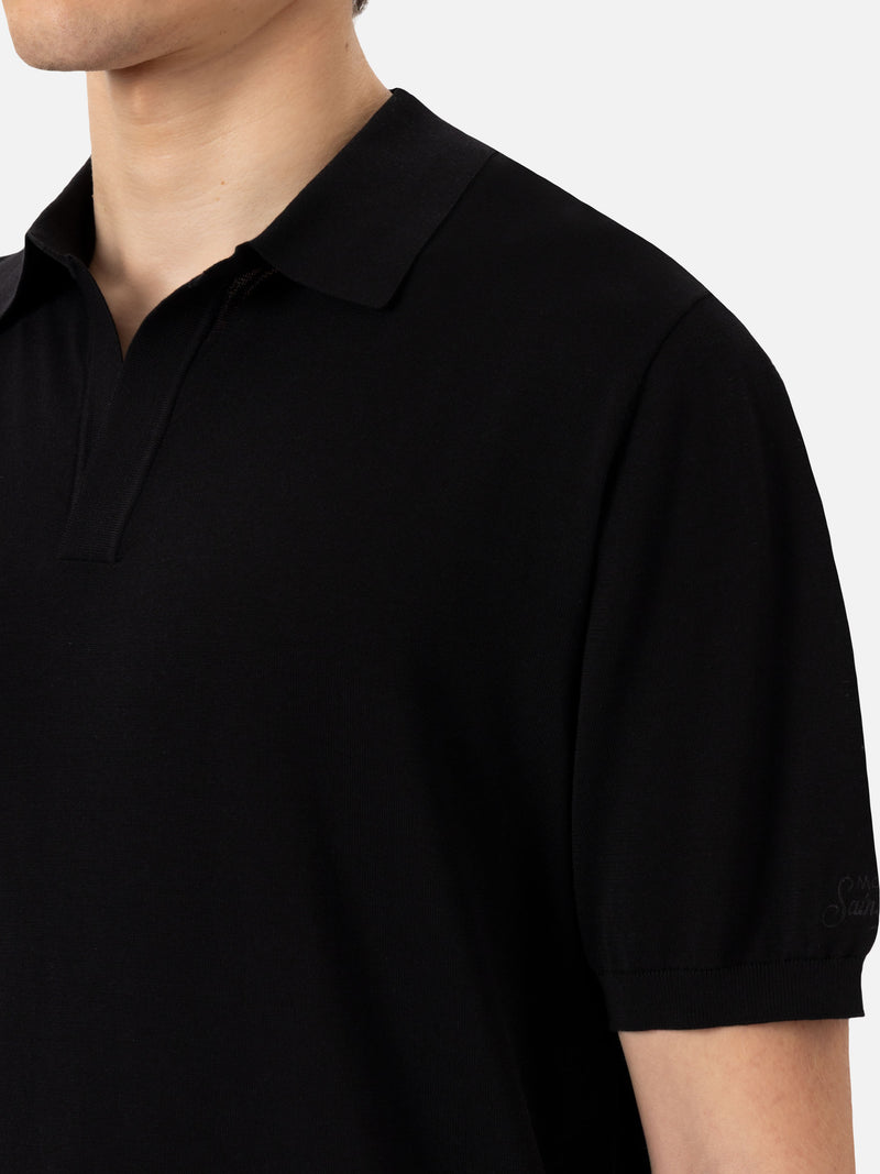 Sloan black silk cotton knitted polo shirt