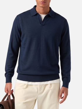 Long sleeves navy blue polo Sloan in cotton silk fabric