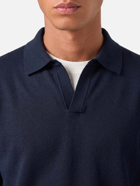 Long sleeves navy blue polo Sloan in cotton silk fabric
