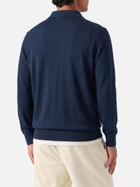 Long sleeves navy blue polo Sloan in cotton silk fabric
