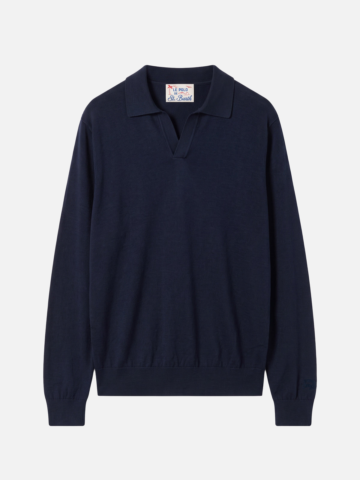 Long sleeves navy blue polo Sloan in cotton silk fabric
