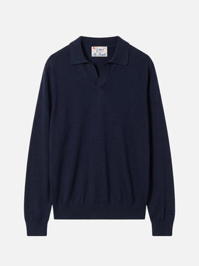 Long sleeves navy blue polo Sloan in cotton silk fabric