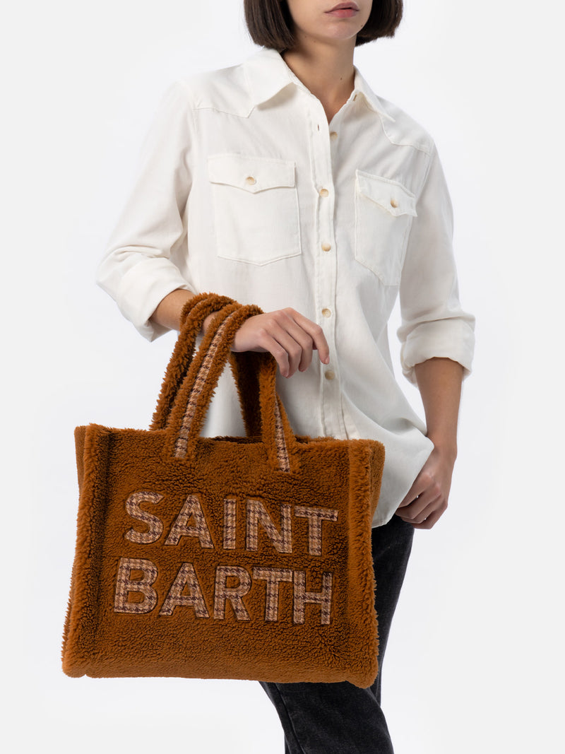 Brown teddy Soft Bag with Saint Barth checkered logo