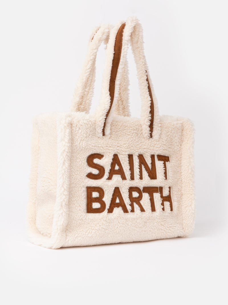 White teddy Soft Bag Small with Saint Barth logo and shoulder strap