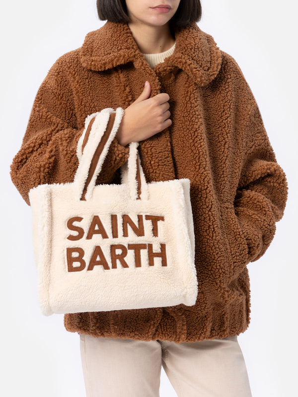 White teddy Soft Bag Small with Saint Barth logo and shoulder strap