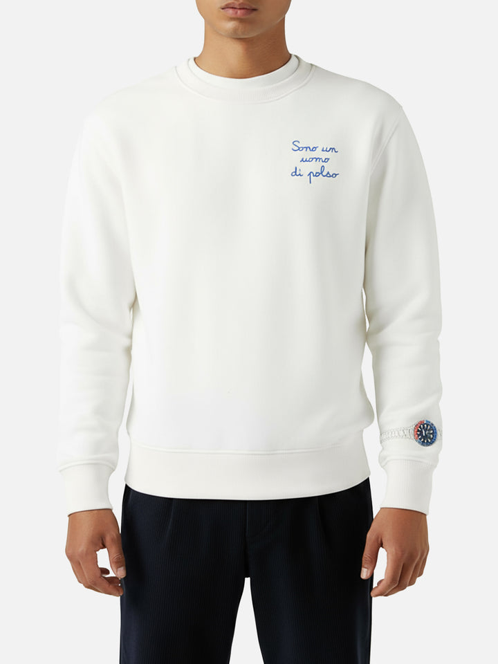 Felpa Soho in cotone bianco con stampa orologio sul polso e ricamo