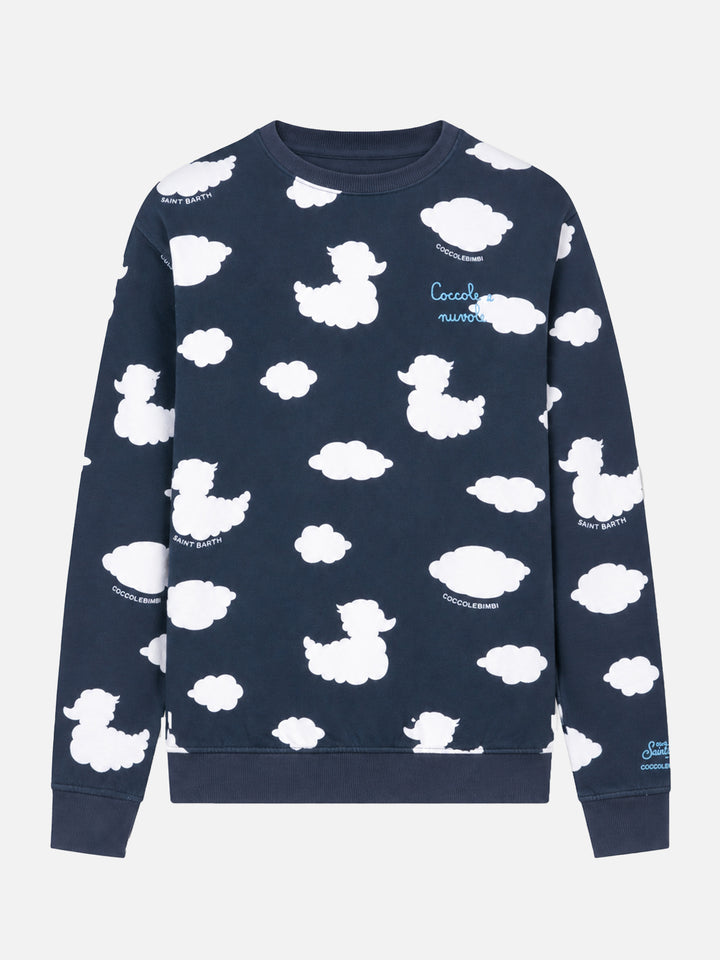Crewneck blue sweatshirt with Coccole e nuvole embroidery | COCCOLEBIMBI SPECIAL EDITION