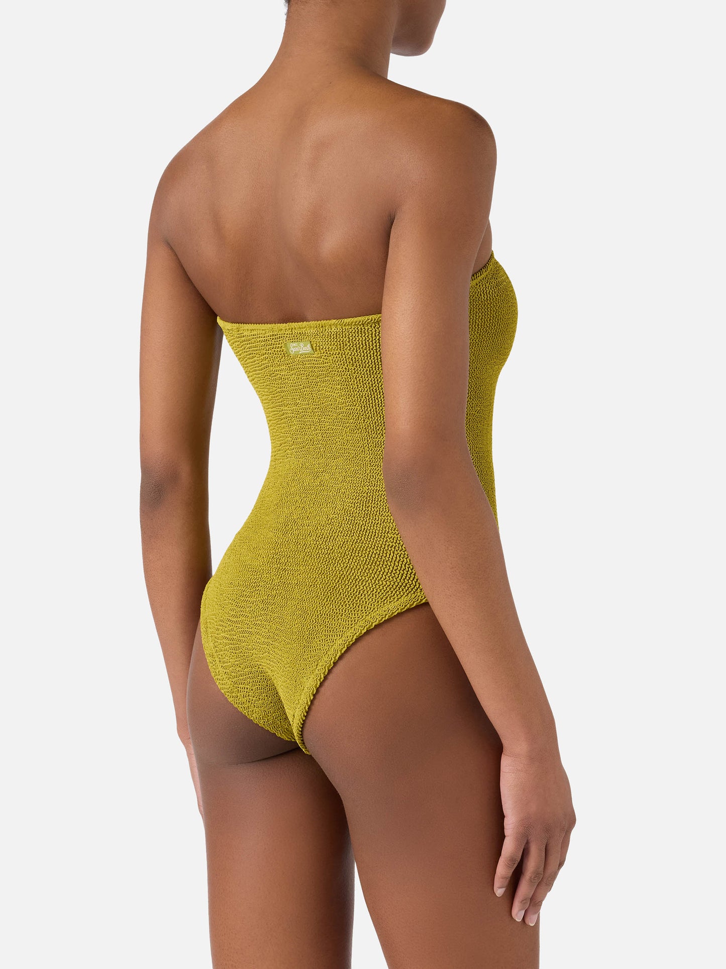 Soleil bandeau one-piece swimsuit in pistachio green crinkle fabric