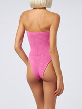 Woman fuchsia lurex strapless one piece swimsuit Soleil