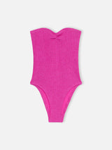 Woman fuchsia lurex strapless one piece swimsuit Soleil