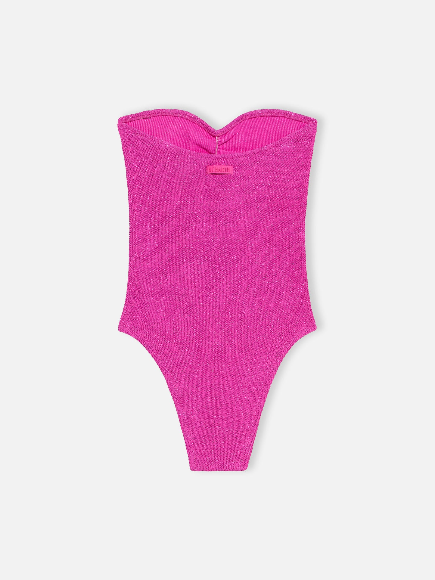 Damen trägerloser Einteiler-Badeanzug aus fuchsiafarbenem Lurex Soleil 