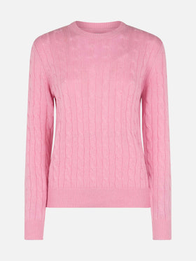 Rosa Damenpullover aus Kaschmirmischung mit Zopfmuster Sorbonne