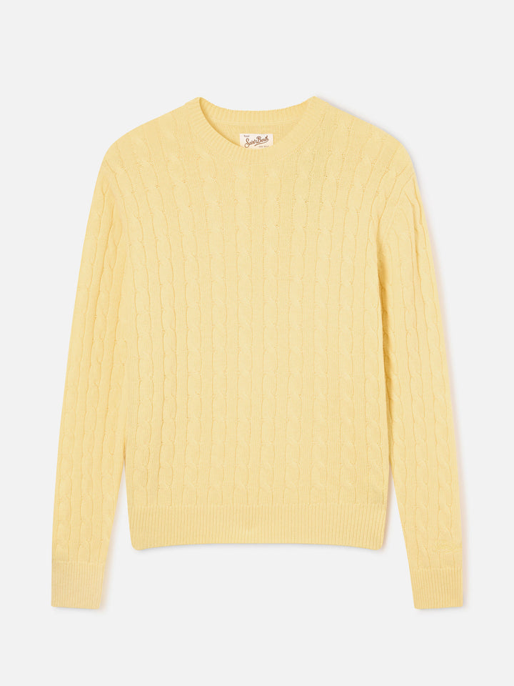 Light yellow Sorbonne wool crewneck knit with cable stitch