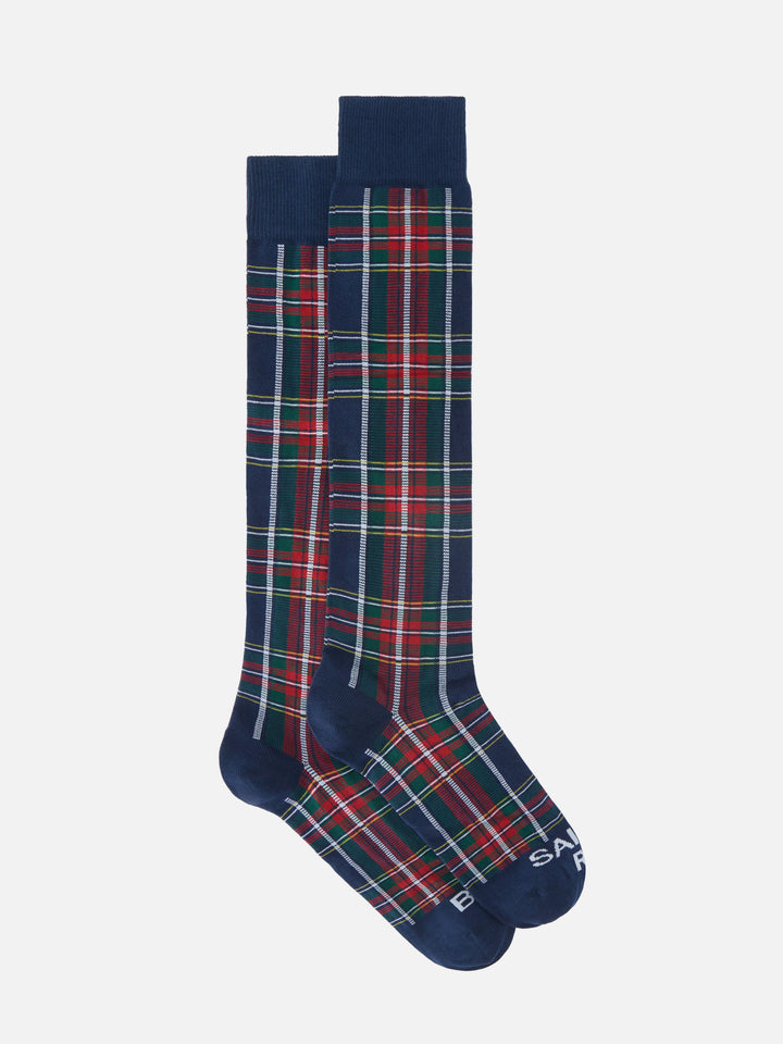 Navy blue socks with tartan jacquard