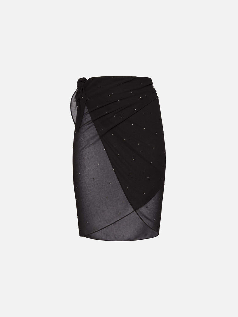 Sery short pareo in georgette nera con decorazioni di strass