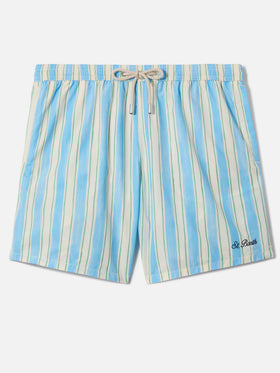 Syros swim shorts with light blue striped pattern and logo embroidery