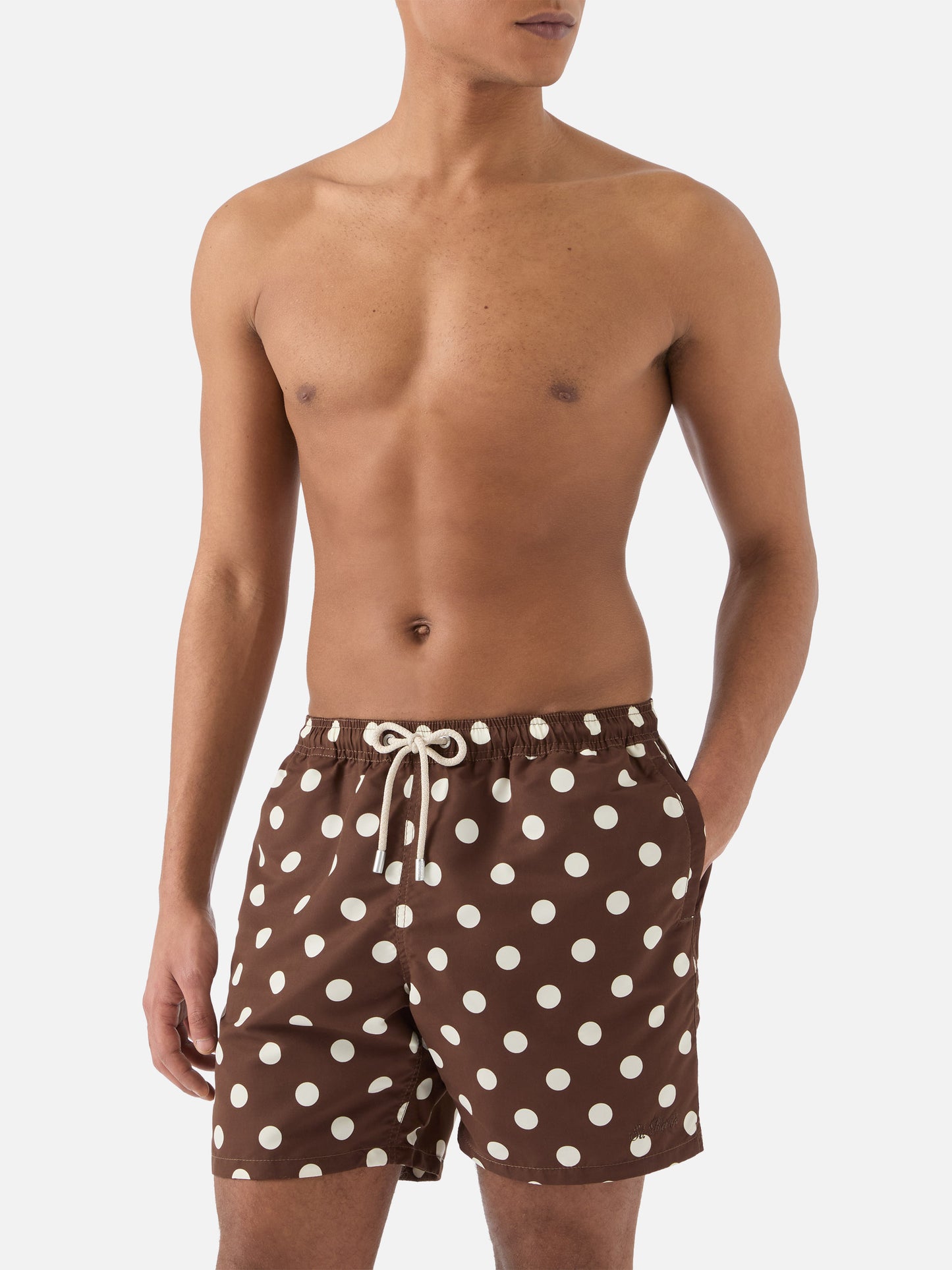 Syros swim shorts in brown with polka dot embroidery