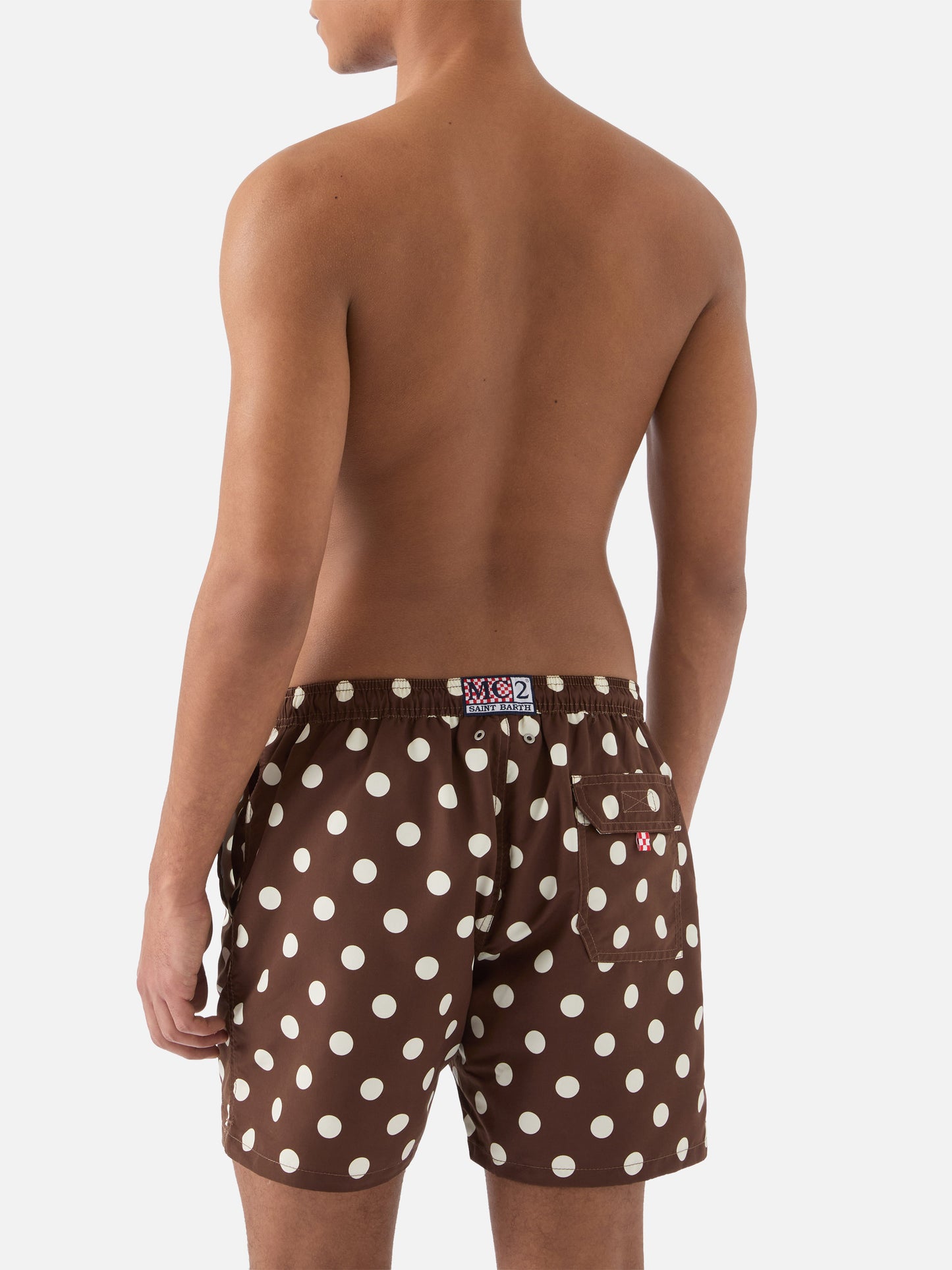 Syros swim shorts in brown with polka dot embroidery