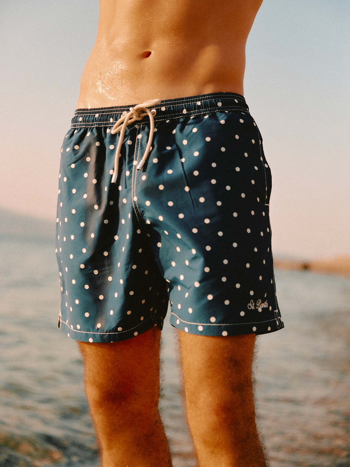 Costume mare Syros blu con ricamo pois a contrasto