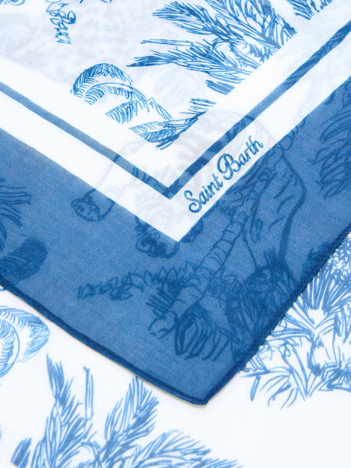Thaiti long pareo in silk blend with blue toile de jouy print