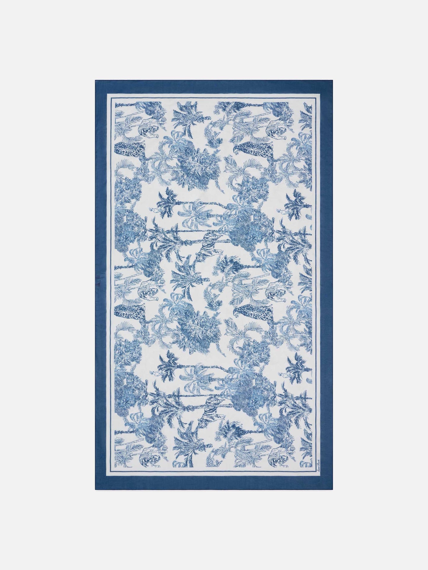 Langer Thaiti-Pareo aus Seidenmischung mit blauem Toile-de-Jouy-Print 