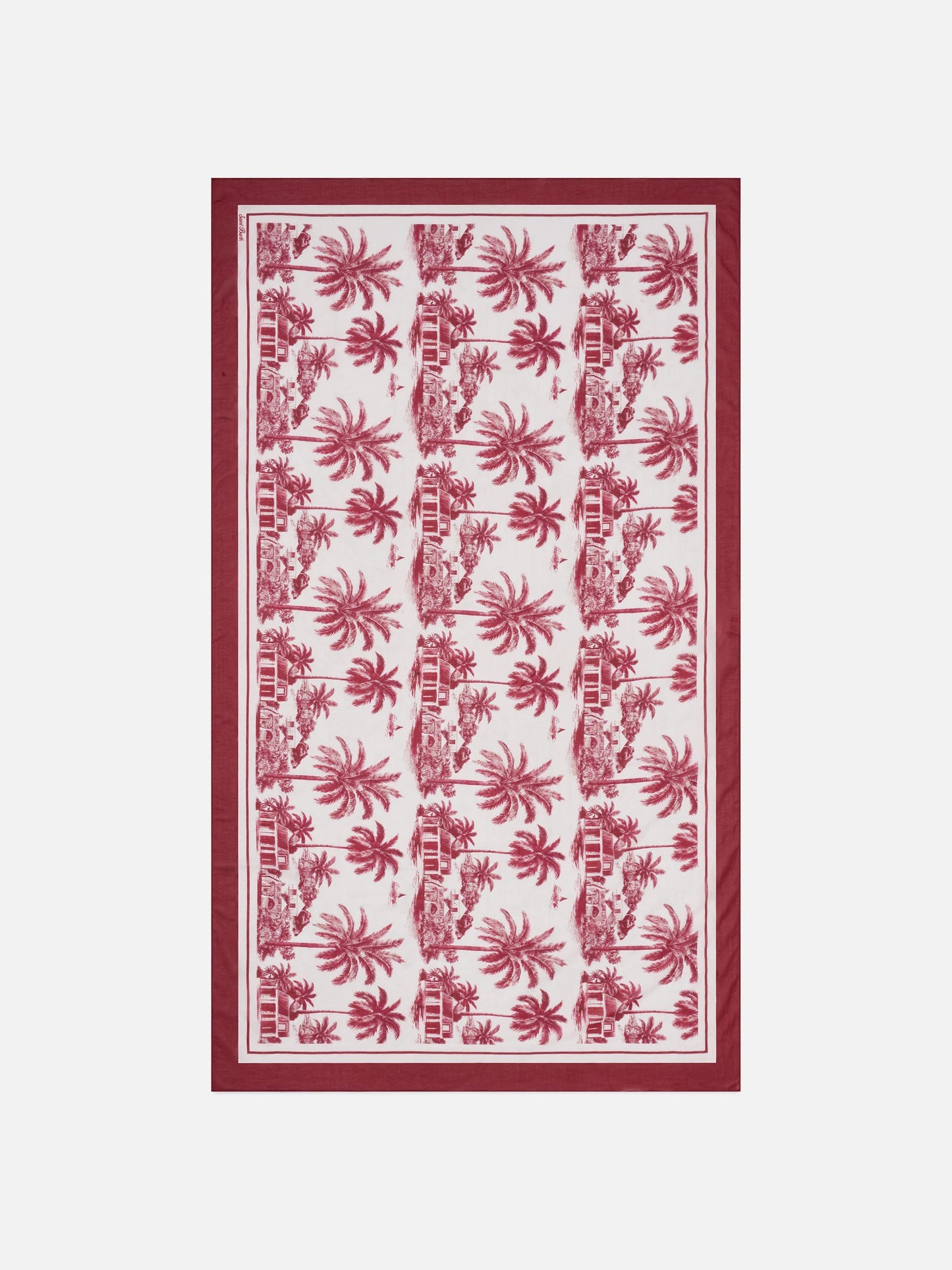 Langer Thaiti-Pareo aus Seidenmischung mit burgunderfarbenem Toile-de-Jouy-Print 