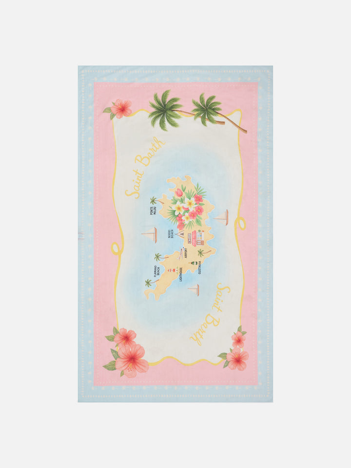 Pareo largo Thaiti en mezcla de seda con estampado de mapa de St. Barth 