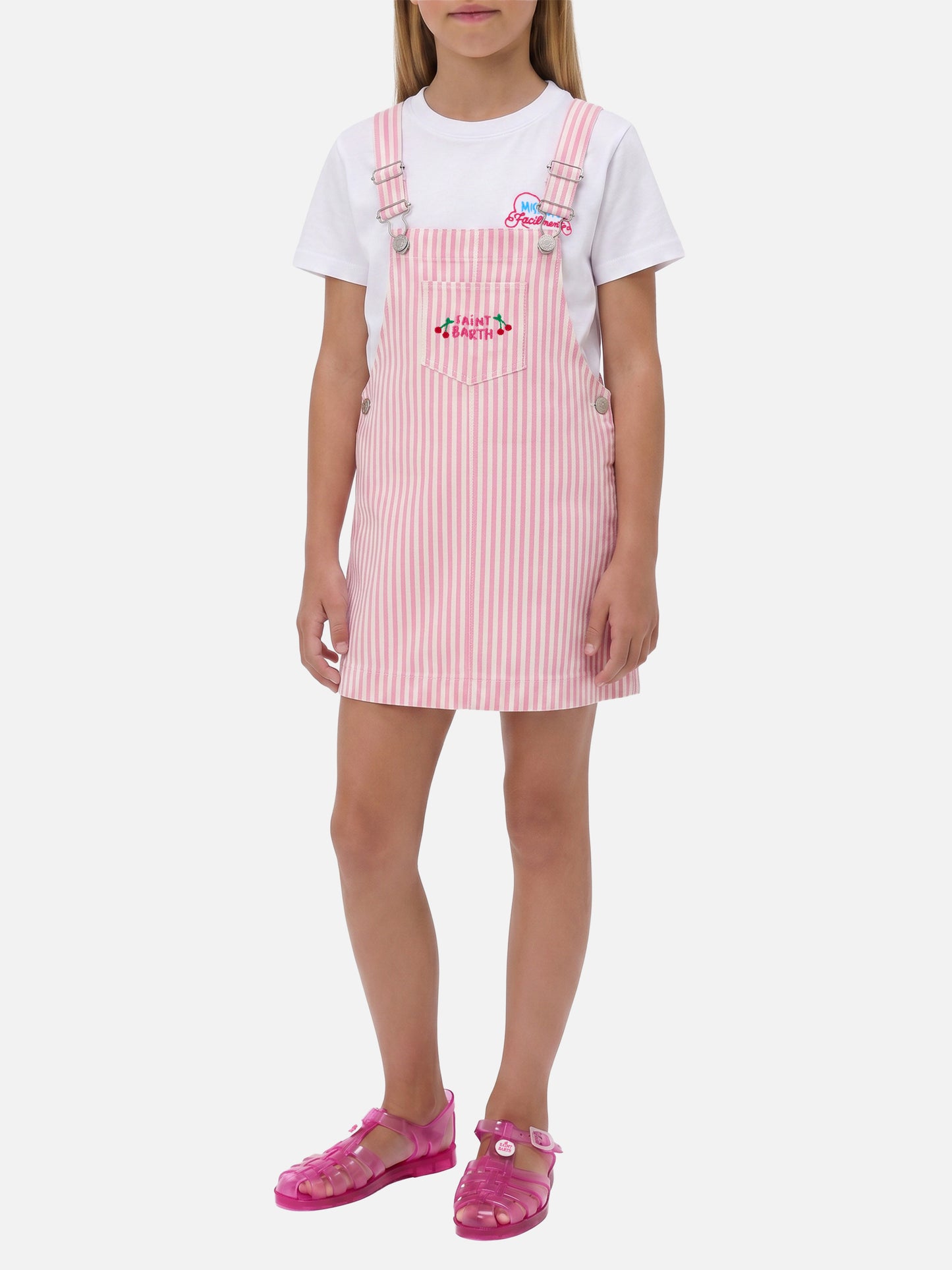 Pink striped denim pinafore dress Tecla Jr with embroidery