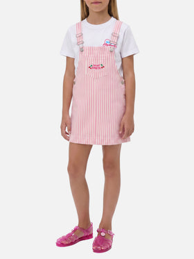 Pink striped denim pinafore dress Tecla Jr with embroidery