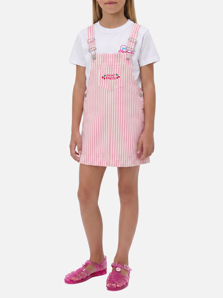 Pink striped denim pinafore dress Tecla Jr with embroidery
