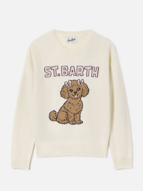 Jersey de cuello redondo Tessa color blanco roto en mezcla de lana y cachemira con intarsia de caniche 