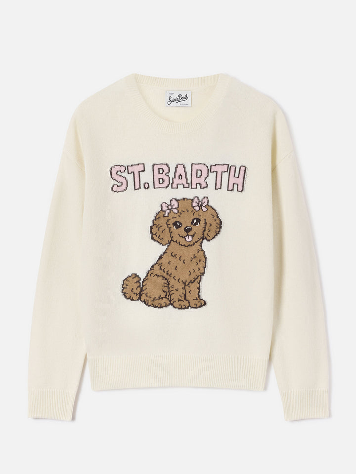 Pull col rond Tessa blanc cassé en mélange de laine et cachemire avec intarsia caniche 