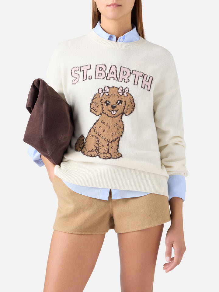 Off white Tessa wool and cashmere blend crewneck knit with poodle intarsia