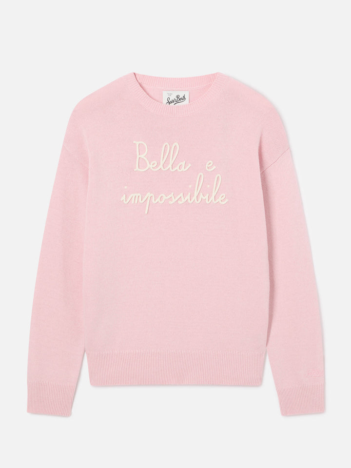 Jersey de punto con cuello redondo Tessa rosa en mezcla de lana y cashmere con bordado Bella E Impossibile 