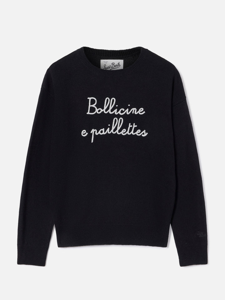 Pull col rond Tessa noir en mélange de laine et cachemire avec broderie Bollicine E Paillettes 