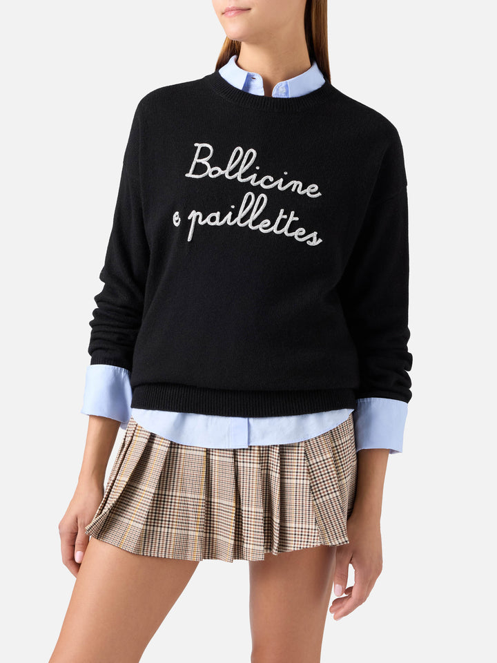 Black Tessa wool and cashmere blend crewneck knit with Bollicine E Paillettes embroidery