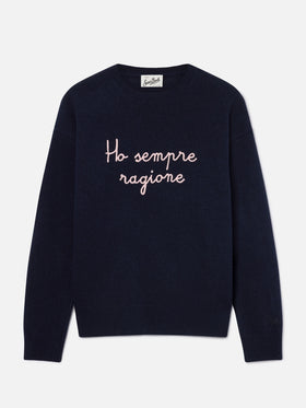 Navy blue Tessa wool and cashmere blend crewneck knit with Ho Sempre Ragione embroidery