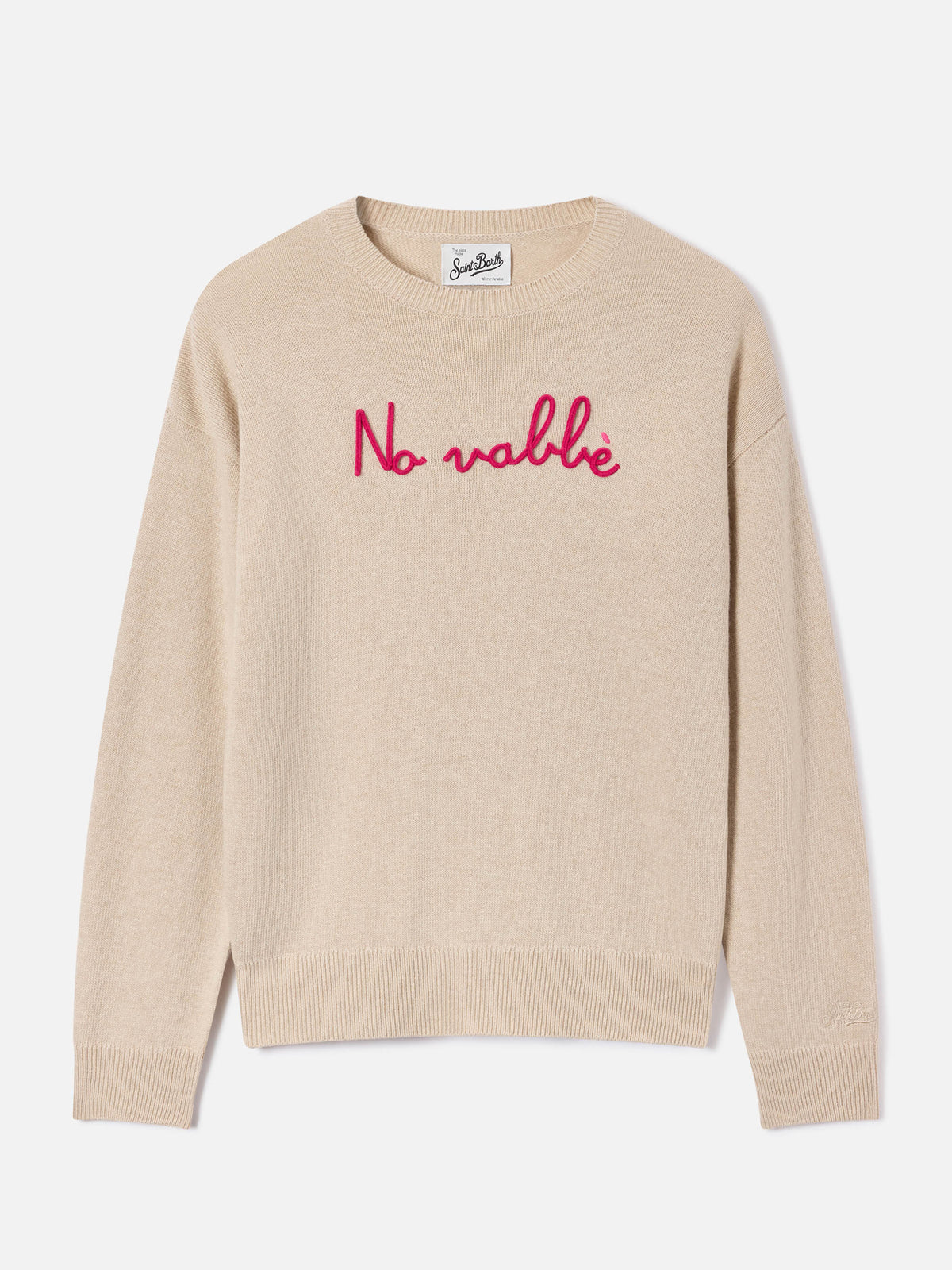 Beige Tessa wool and cashmere blend crewneck knit with No Vabbè embroidery